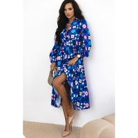 Blue Floral Peasant Sleeve Tiered Ruffle Midi Dress - L thumbnail