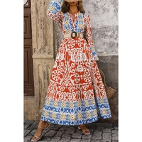 Orange Boho Geometric Printed Long Sleeve Maxi Dress - L thumbnail
