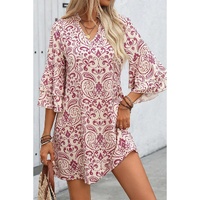 Pink Paisley Print Tiered 3/4 Sleeve Notched Neck Mini Dress - L thumbnail