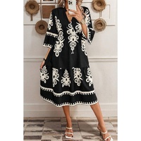 Black Western Geometric Print 3/4 Sleeve Loose Midi Dress - S thumbnail