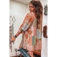 Orange Boho Paisley Mixed Print 3/4 Sleeve Chiffon Loose Dress - L thumbnail