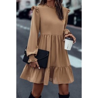Light French Beige Frilled Collar Ruffled Shoulder Tiered Dress - L thumbnail