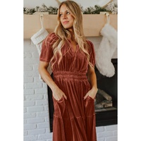 Chestnut Velvet Short Sleeve Shirred Waist Tiered Maxi Dress - L thumbnail