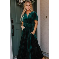 Evergreen Velvet Short Sleeve Shirred Waist Tiered Maxi Dress - L thumbnail