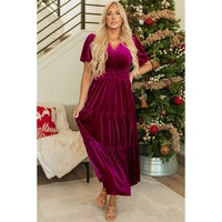 Red Dahlia Velvet Short Sleeve Shirred Waist Tiered Maxi Dress - S thumbnail