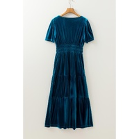 Prussian Blue Velvet Short Sleeve Shirred Waist Tiered Maxi Dress - XL thumbnail