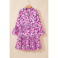 Rose Leopard Print Buttoned Front 3/4 Sleeve Tiered Ruffled Hem Dress - XL thumbnail