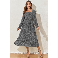 Black Floral Printed Long Sleeve Square Neck Midi Dress - L thumbnail