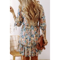 Sky Blue Floral 3/4 Sleeve V Neck High Waist Ruffled Dress - S thumbnail