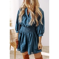 Prussian Blue 3/4 Sleeve Shirred High Waist Buttoned Mini Dress - L thumbnail