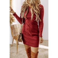 Racing Red Ribbed Knit Long Sleeve High Neck Mini Dress - L thumbnail