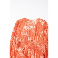 Orange Boho Floral Bishop Sleeve V Neck Tiered Maxi Dress - S thumbnail