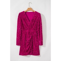 Pitaya Pink Velvet Sequin Long Sleeve V Neck Wrapped Mini Dress - L thumbnail