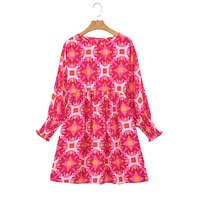 Strawberry Pink Geometric Print Smocked Long Sleeve Mini Dress - M thumbnail