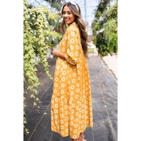 Yellow Flower Print Bracelet Sleeve Buttons Collared Maxi Dress - S thumbnail