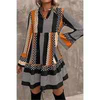Black Striped Polka Dot Print Ruffled Hem V Neck Mini Dress - XL thumbnail