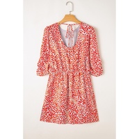 Tomato Red Leopard Print Long Sleeve Hollowed Back Split Mini Dress - S thumbnail