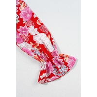 Red Floral Print High Waist V Neck Babydoll Mini Dress - L thumbnail