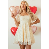 Apricot Sequined Lace Mesh Bubble Sleeve Square Neck Dress - L thumbnail