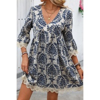 Sky Blue Vintage Printed Lace Trim V Neck 3/4 Sleeve Loose Dress - S thumbnail