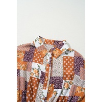 Orange Boho Floral Puff Sleeve Smocked Waist Mini Shirt Dress - L thumbnail