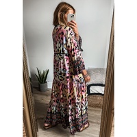 Pink Western Leopard Printed 3/4 Sleeve Buttoned Front Tiered Maxi Dress - S thumbnail
