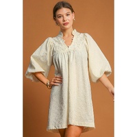 White Floral Textured Bubble Sleeve Frilled Notched Neck Dress - XL thumbnail
