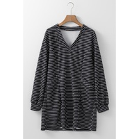 Black Striped V Neck Long Puff Sleeve Shift Dress - L thumbnail