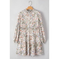 Green Floral Print Tiered Frilled Shirred Mock Neck Mini Dress - M thumbnail