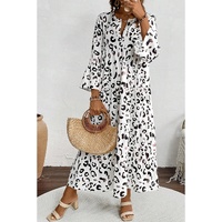 White Leopard Print Notch V Neck Loose Fit Maxi Dress - S thumbnail