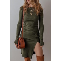 Jungle Green Ribbed Side Slit Ruched Slim Fit Long Sleeve Mini Dress - M thumbnail