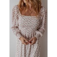White Floral Print Shirred Ruffled Hem Square Neck Midi Dress - M thumbnail