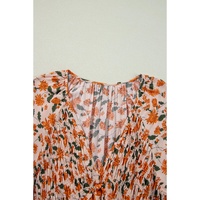Beige Floral Deep V Neck Smocked Bust Bubble Sleeve Babydoll Dress - L thumbnail