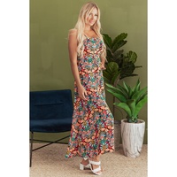 Black Boho Floral Print Thin Straps Sleeveless High Waist Maxi Dress - M thumbnail