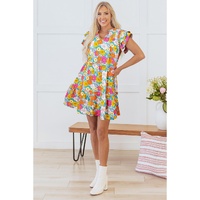 Sky Blue Floral Print Smocked Notch V Neck Flutter Sleeve Mini Dress - M thumbnail