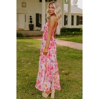 Pink Abstract Floral Print Shirred One Shoulder Maxi Dress - L thumbnail
