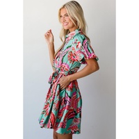 Green Abstract Print Lace-up High Waist Buttoned Mini Dress - XL thumbnail