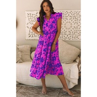 Rose Floral Print Tiered Frilled Trim Flutter Sleeve Maxi Dress - M thumbnail