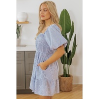 Sky Blue Stripe Bubble Sleeve Square Neck Ruched Pocketed Babydoll Dress - S thumbnail
