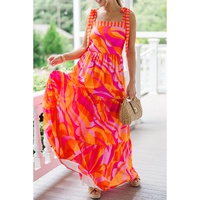 Red Abstract Print Knotted Shoulder High Waist Maxi Dress - M thumbnail