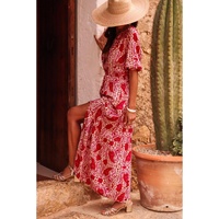 Red Paisley Print Side Slit Puff Sleeve High Waist Maxi Dress - L thumbnail
