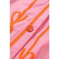 Pink Bowknot Striped Printed Bubble Sleeve Buttoned Belted Mini Dress - L thumbnail