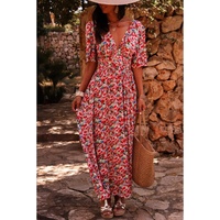 Red Floral Half Sleeve Deep V Neck Cutout Back Split Maxi Dress - L thumbnail