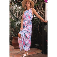 Sky Blue Floral Printed Sleeveless O Neck Knot Waist Maxi Dress - M thumbnail