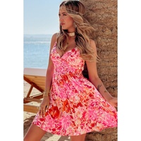 Red Floral Spaghetti Strap Surplice Neck Shirred Waist Mini Dress - L thumbnail