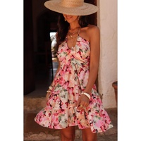 Pink Floral Sleeveless Halter Neck Shirred Back Ruffled Mini Dress - L thumbnail