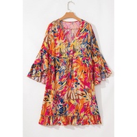 Pink Plant Print Flared Sleeve Ruffled Hem Tunic High Waist Flowy Dress - L thumbnail