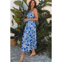 Blue Floral Printed Spaghetti Strap Maxi Dress with Waist Tie - L thumbnail