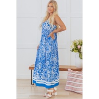 Blue Paisley V Neck Crisscross Backless Maxi Dress - L thumbnail