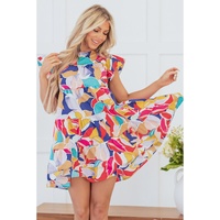 Pink Abstract Printed Ruffled Flutter Sleeve Tiered Mini Dress - L thumbnail